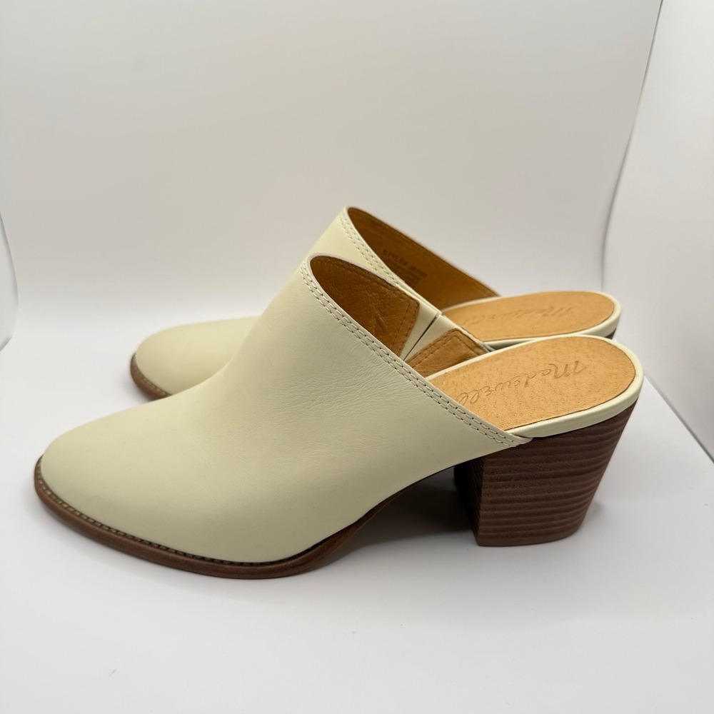 Madewell Woman's Harper Ivory Bone Leather Slip On Stacked Block Heels-‎ Size 8